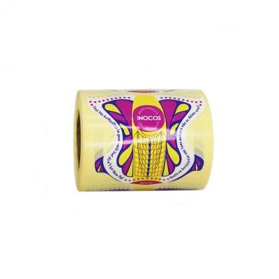 Rolo amarelo adesivo com padrão de borboleta colorida e texto INOCOS