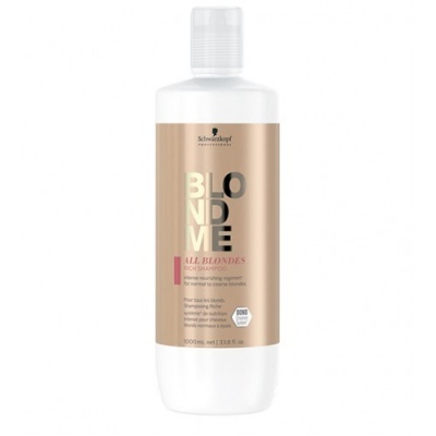 Frasco branco de shampoo Schwarzkopf BLONDME para cabelos loiros, etiqueta dourada e preta, 1000 ml