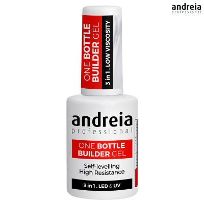 Frasco branco de gel para unhas Andreia Professional com texto vermelho e preto
