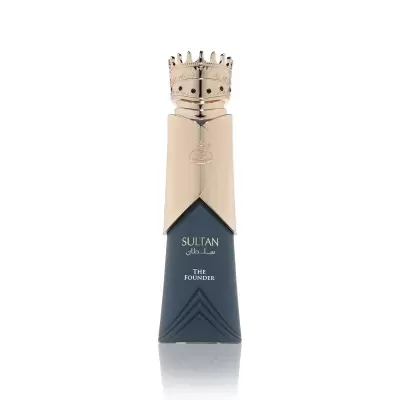 Frasco azul escuro de perfume com tampa dourada em forma de coroa e texto SULTAN THE FOUNDER