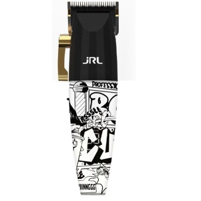 Máquina de cortar cabelo JRL preta e branca com desenhos gráficos e detalhes em dourado