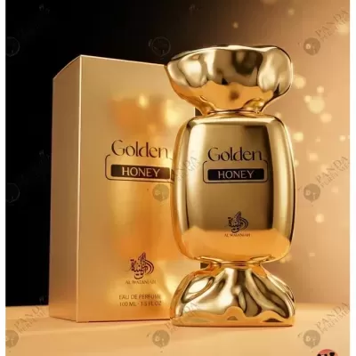 Frasco e caixa dourados do perfume Golden Honey com texto e logo da Al Wataniah.