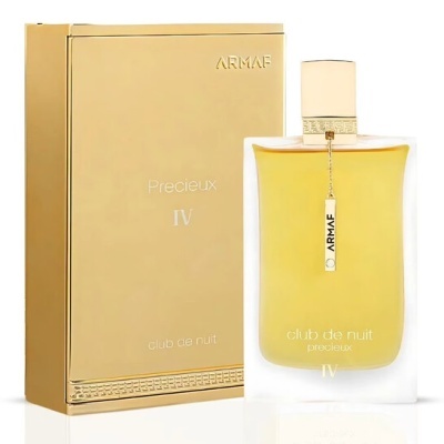 Perfume Club de Nuit Precieux IV da ARMAF com frasco amarelo transparente e embalagem dourada