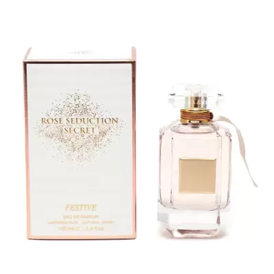 Perfume Rose Seduction Secret Festive com embalagem branca e dourada
