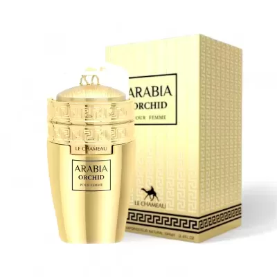 Frasco e embalagem dourados do perfume Arabia Orchid Le Chameau