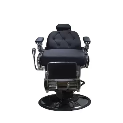 Cadeira de barbeiro preta com estofos acolchoados e base metálica