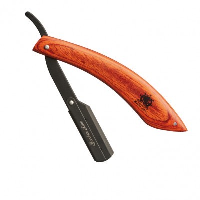 Navalha de barbear com cabo em madeira castanha clara e lâmina metálica preta