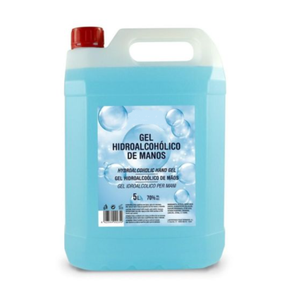 Recipiente plástico azul de 5L com gel hidroalcoólico de mãos e tampa vermelha
