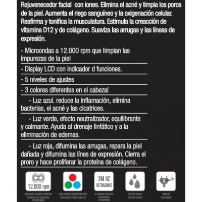 Texto de embalagem de dispositivo facial com instruções e especificações técnicas