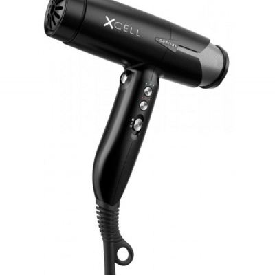 Secador de cabelo preto com texto XCELL