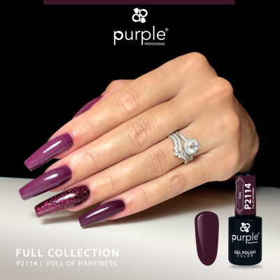 Unhas roxas com verniz de gel e frasco Purple Professional P2114.