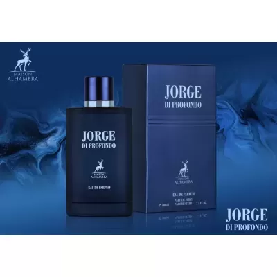 Frasco e caixa azul escuro de perfume Jorge Di Profondo da Maison Alhambra