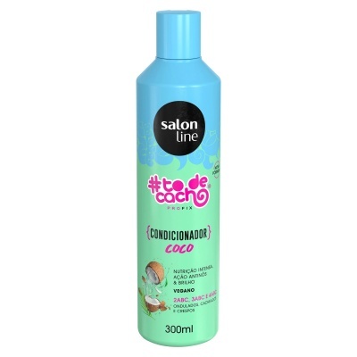 Condicionador Salon Line #todecacho com embalagem azul e verde, texto condicionar coco 300ml