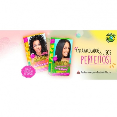Duas caixas de alisamento capilar Hair Life sobre fundo colorido
