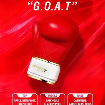 Luva de boxe vermelha com punho branco e detalhes dourados com texto e notas olfativas em fundo vermelho