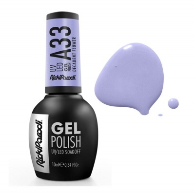 Esmalte de gel lilás A33 Ricki Parodi com duas gotas ao lado