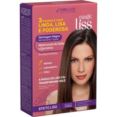 Produto Magic Liss para alisamento capilar com embalagem roxa e imagem de mulher com cabelo liso castanho.