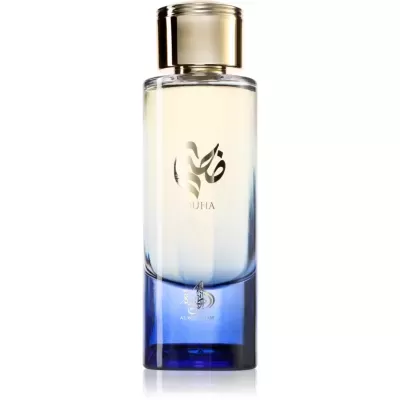 Frasco de perfume em vidro com tampa dourada e base azul