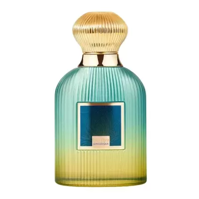 Frasco de perfume com tampa dourada e corpo verde e amarelo degradê.