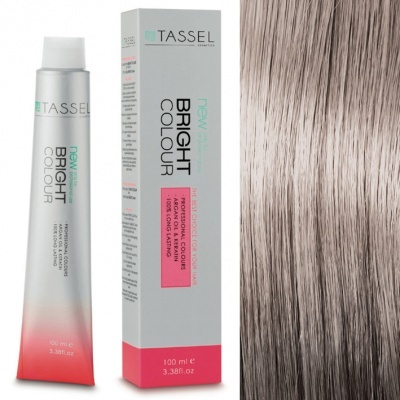 Tubo e caixa de tinta para cabelo TASSEL Bright Colour com amostra de cor de cabelo loiro acinzentado.