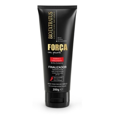 Frasco preto de finalizador capilar Bio Extratus com texto colorido