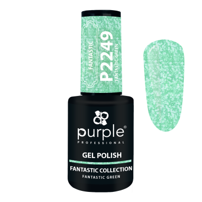Esmalte gel roxo com tampa verde claro manchada e amostra da cor da unha