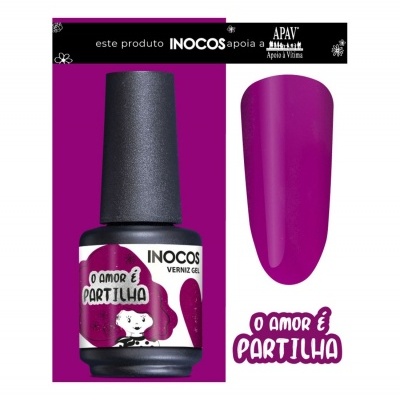 Verniz gel INOCOS rosa fúcsia com texto O AMOR É PARTILHA e apoio à APAV