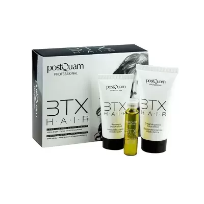 Kit de tratamento capilar PostQuam Professional BTX Hair com embalagem preta e branca e frascos brancos e amarelo