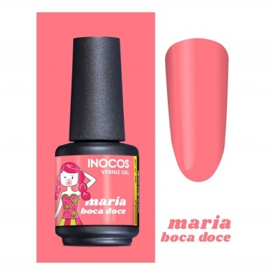 Verniz gel rosa maria boca doce da Inocos com rótulo e amostra da cor
