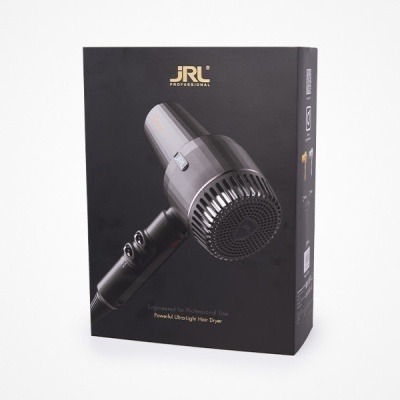 Caixa preta com secador JRL profissional e texto