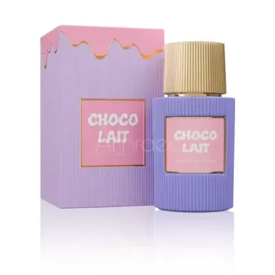 Frasco e caixa de perfume lilás com rótulo rosa e texto CHOCO LAIT