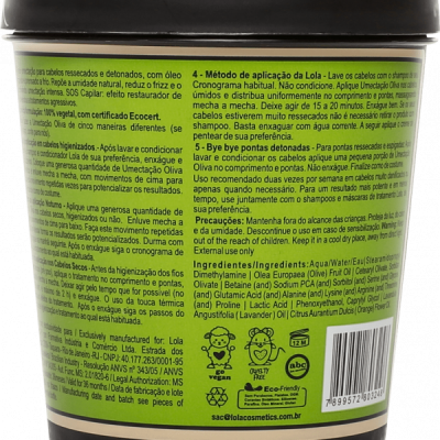 Frasco de máscara capilar Lola Cosmetics com rótulo amarelo e tampa preta