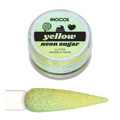 Pote de glitter amarelo neon com amostra aplicada