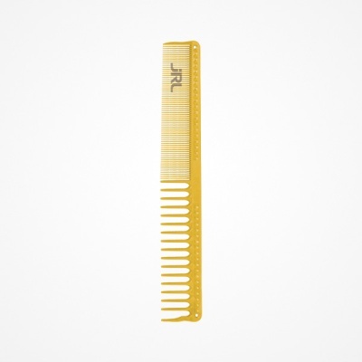 Pente amarelo de duas secções de dentes com texto JRL num fundo branco