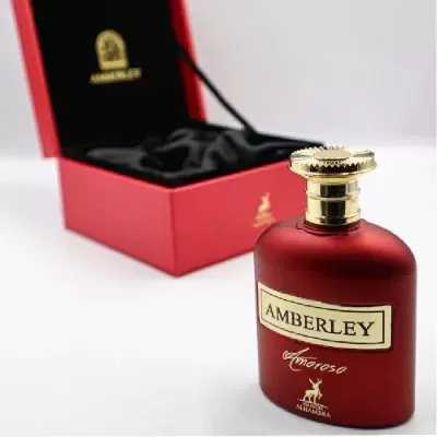 Frasco vermelho de perfume Amberley Amoroso com tampa dourada e caixa vermelha aberta.