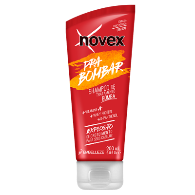 Embalagem vermelha de champô Novex com texto em branco e amarelo