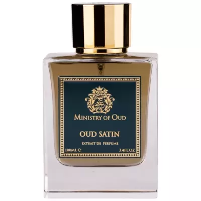Frasco de perfume Ministry of Oud Oud Satin com tampa dourada e etiqueta preta