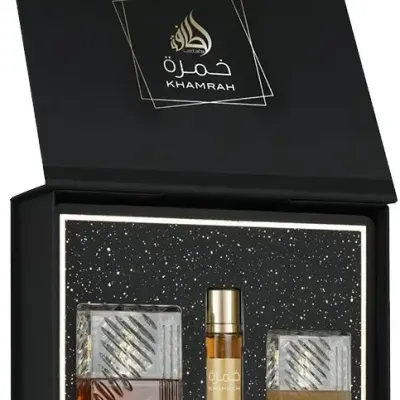 Conjunto de perfumes KHAMRAH numa caixa preta elegante