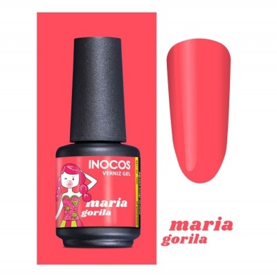 Frasco de verniz gel rosa coral com rótulo ilustrado e amostra de cor