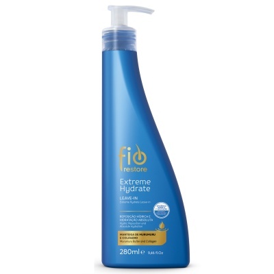 Frasco azul de leave-in fio restore com bomba e texto do produto em branco e dourado