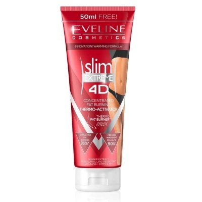 Frasco de creme Slim Extreme 4D da Eveline Cosmetics vermelho e branco com texto e imagem de mulher em roupa de desporto