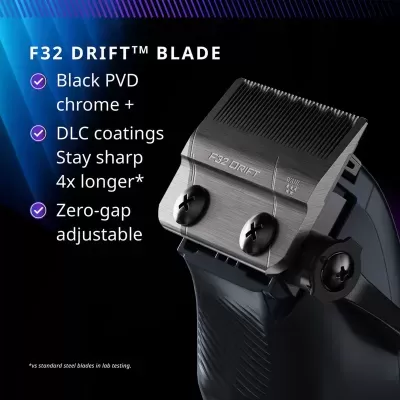 Lâmina F32 DRIFT™ para máquina de barbear com texto descritivo das suas características
