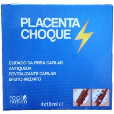 Embalagem azul do produto capilar Placenta Choque com texto e ilustrações