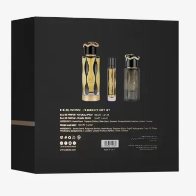 Conjunto de perfumes TERIAQ INTENSE em frascos vidro com tampa cobra, embalagem preta com texto dourado