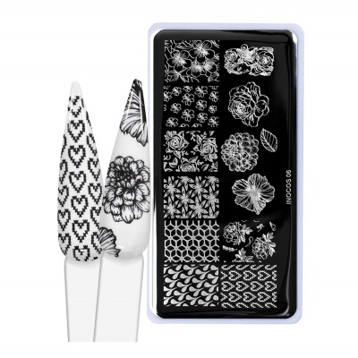 Placas de carimbo para unhas com padrões florais e geométricos a preto e branco