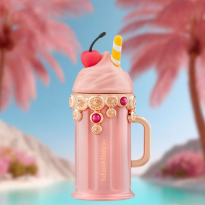 Caneca rosa decorativa com tampa chantili, cereja, palito amarelo e branco, detalhes dourados e pedras rosa, texto Island Brézze