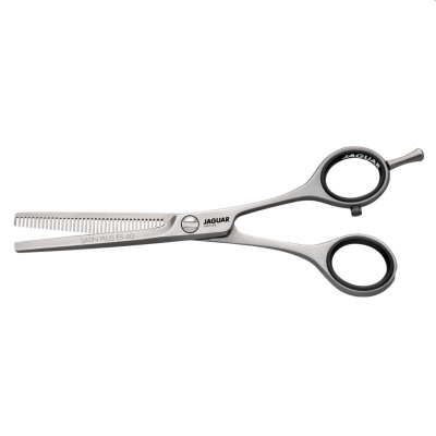 Tesoura de desbaste profissional em aço inoxidável com lâmina dentada e alças pretas.