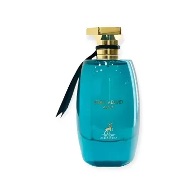 Frasco azul de perfume Very Velvet Aqua com tampa dourada e fita preta