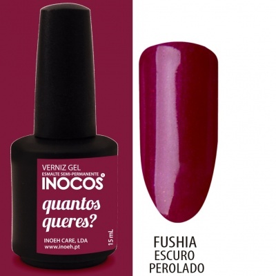 Verniz gel INOCOS 15 mL com amostra de cor fúcsia escuro perolado