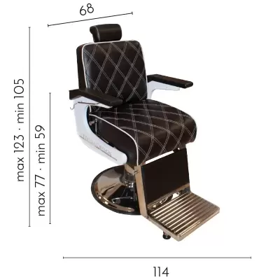 Cadeira de barbeiro preta com padrão em losangos brancos e base metálica cromada